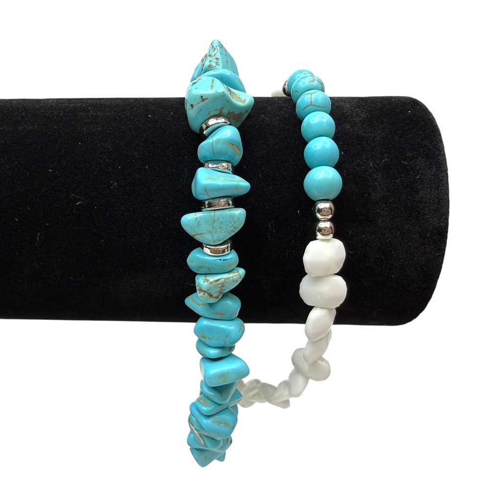Turquoise Chip Stone Bead Bracelet Stackable Silver Tone Accent Jewelry Wrist 8